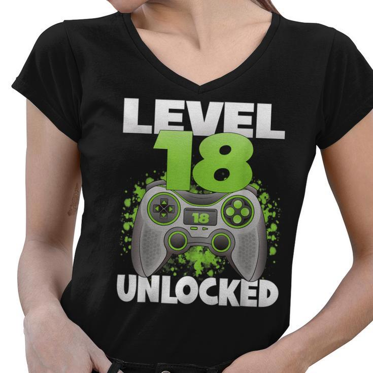 Level 18 Unlocked Video Gaming 18Th Birthday 2004 Gamer Game  Women V-Neck T-Shirt