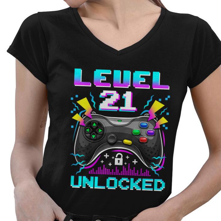 Level 21 Unlocked 21St Birthday Video Game Gift Birthday Gaming Women V-Neck T-Shirt