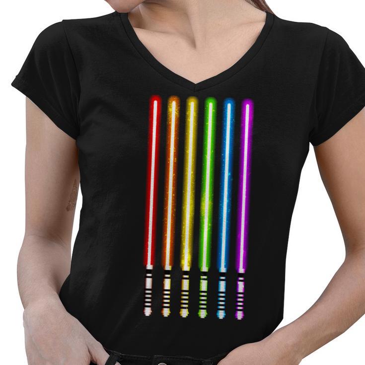 Lgbt Flag Light Swords Saber Gay Pride Women V-Neck T-Shirt