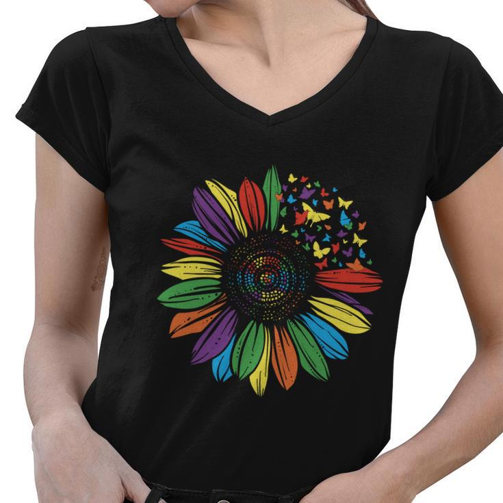 Lgbt Rainbow Color Sunflower Butterfly Pride Month Women V-Neck T-Shirt