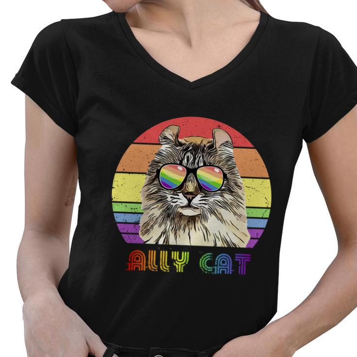 Lgbtq Ally Cat Rainbow Gay Pride Flag Lgbt Funny Gift Women V-Neck T-Shirt