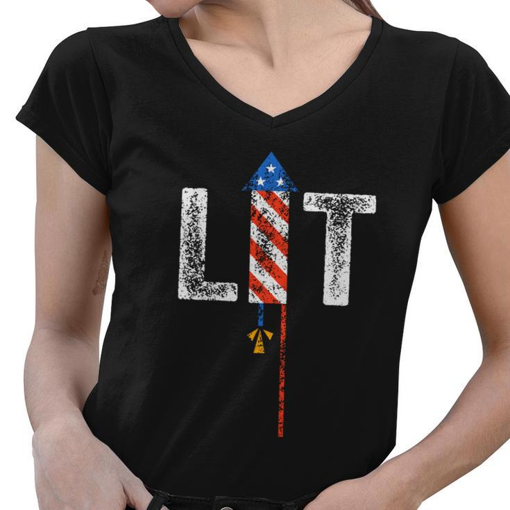 Lit 4Th Of July Patriotic American Fireworks Usa Fourth Cute Gift Women V-Neck T-Shirt