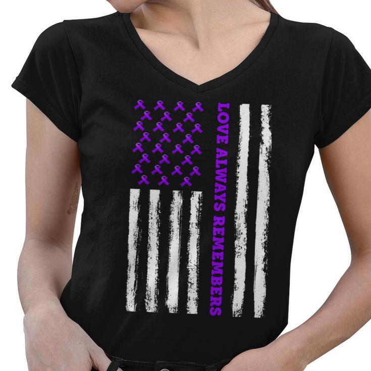 Love Always Remembers Alzheimers American Flag Women V-Neck T-Shirt