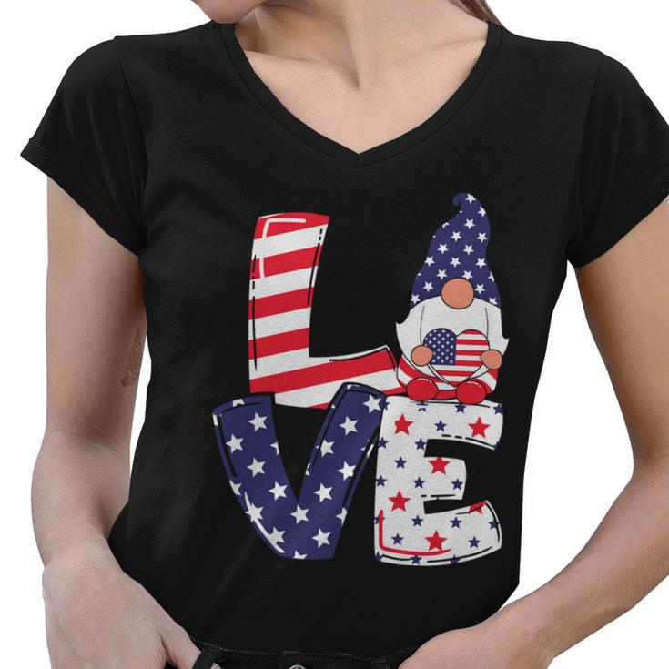 Love American Gnome 4Th Of July Independence Day Flag Graphic Plus Size Shirt Women V-Neck T-Shirt