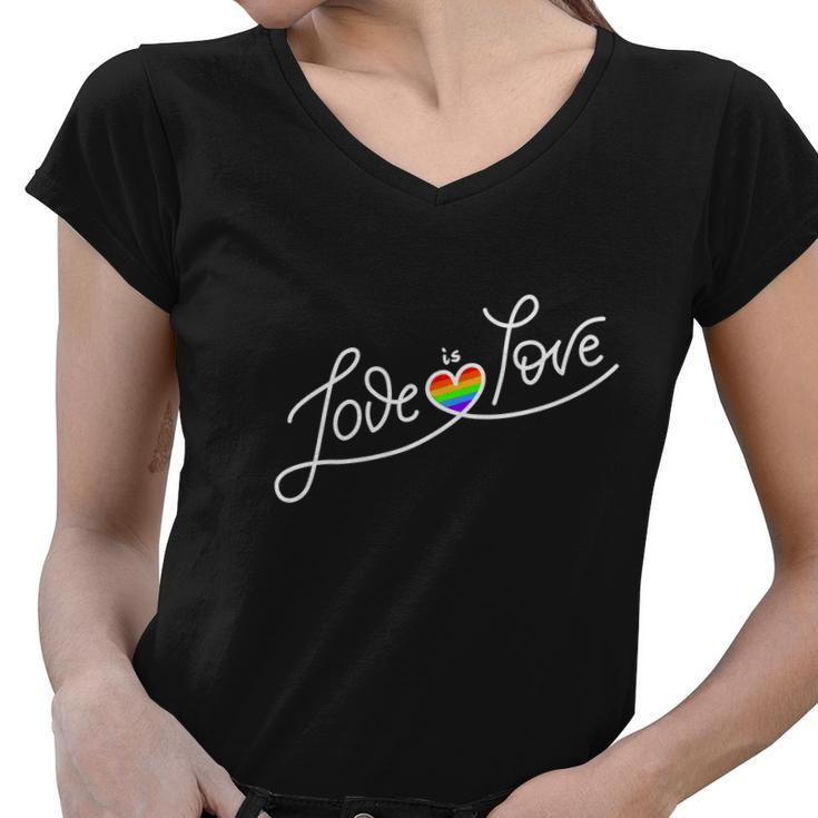 Love Is Love Script Gay Pride Colorful Rainbow Heart Women V-Neck T-Shirt
