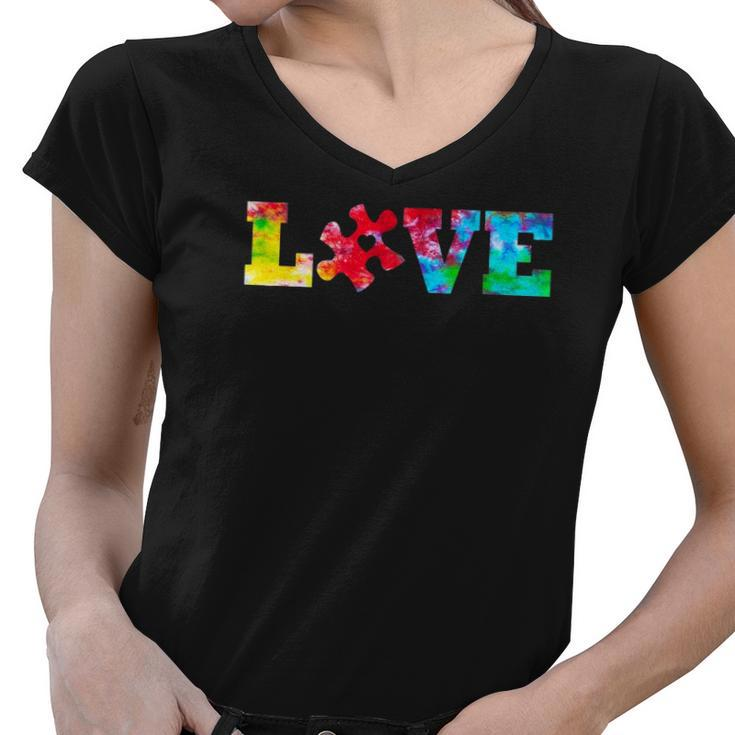Love Puzzle Pieces Heart Autism Awareness Tie Dye Gifts Women V-Neck T-Shirt