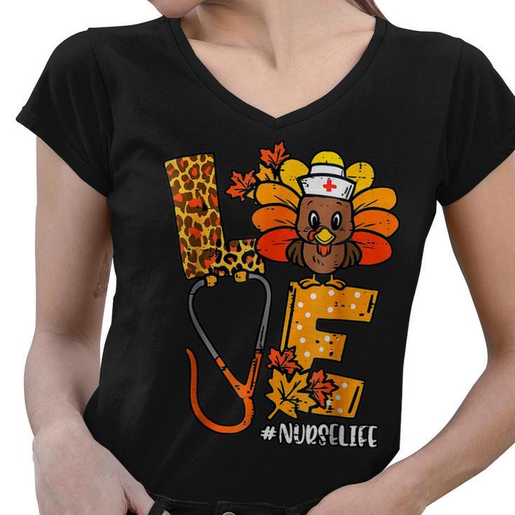 Love Turkey Stethoscope Nurse Life Thanksgiving Fall Autumn  Women V-Neck T-Shirt