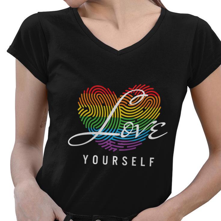 Love Yourself Rainbow Lgbt Fingerprint Pride Month Women V-Neck T-Shirt