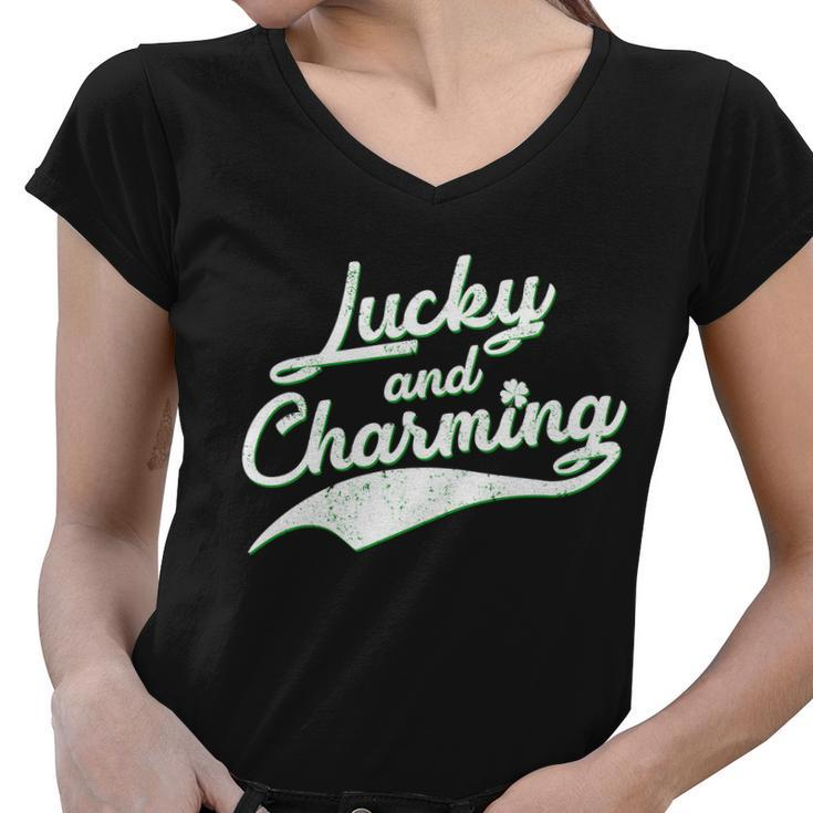 Lucky And Charming St Patricks Day Graphic Design Printed Casual Daily Basic Women V-Neck T-Shirt