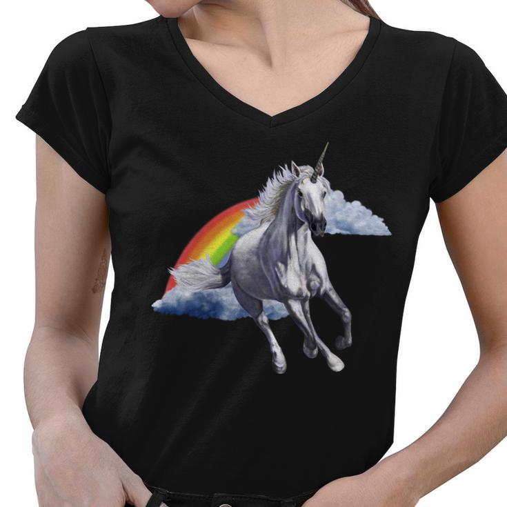 Magical Unicorn Horse Over Rainbow Women V-Neck T-Shirt