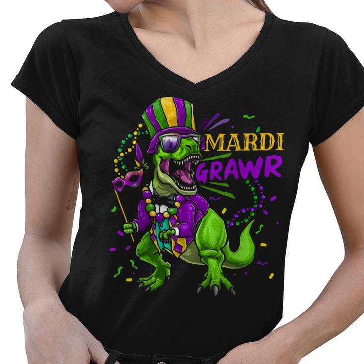 Mardi Gras Dabbing T Rex Dinosaur Mardi Grawr Bead Costume  Women V-Neck T-Shirt
