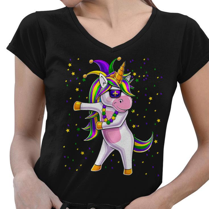 Mardi Gras Flossing Unicorn Jester Hat  Unicorn Gifts  Women V-Neck T-Shirt