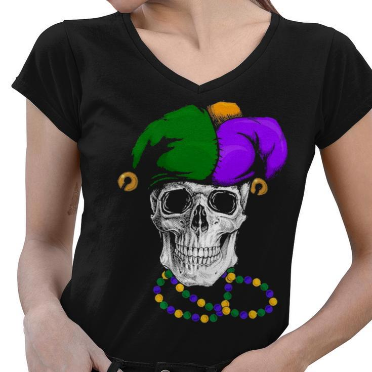 Mardi Gras Skull Jester Hat Women V-Neck T-Shirt