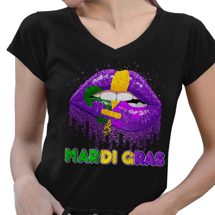 Mardi Gras Sparkle Lips Women V-Neck T-Shirt