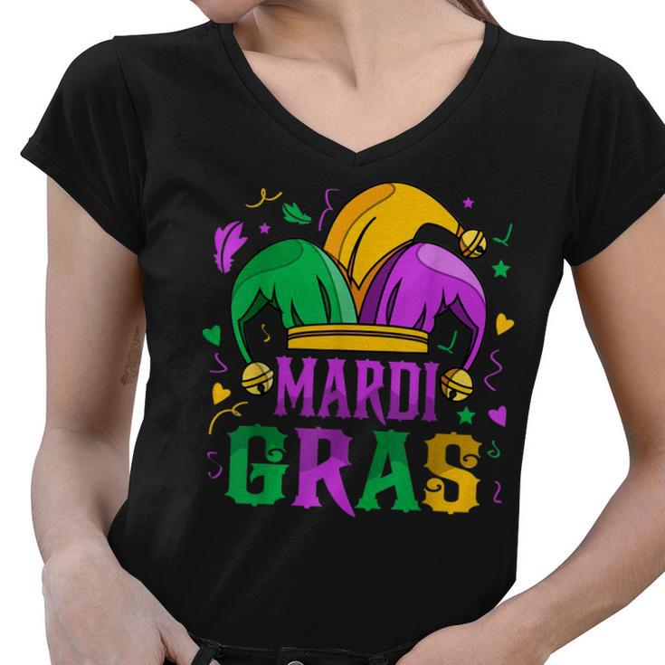 Mardi Gras T  Mardi Gras 2022 Beads Mask Feathers  V2 Women V-Neck T-Shirt