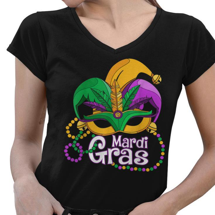 Mardi Gras T  Mardi Gras 2022 Beads Mask Feathers  Women V-Neck T-Shirt
