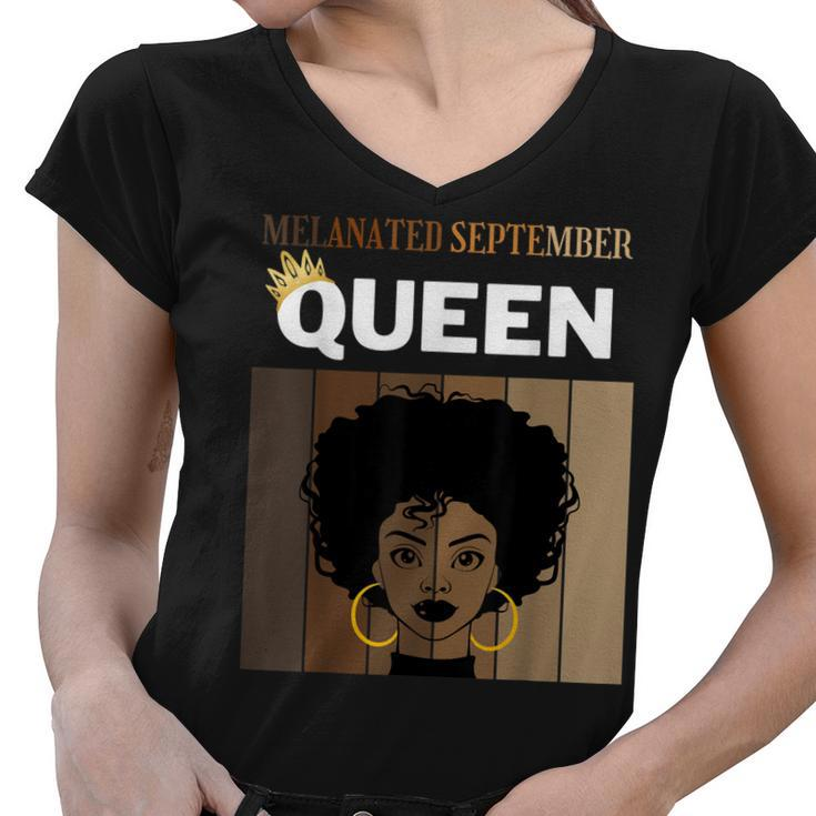 Melanated September Queen African American Woman Birthday  Women V-Neck T-Shirt