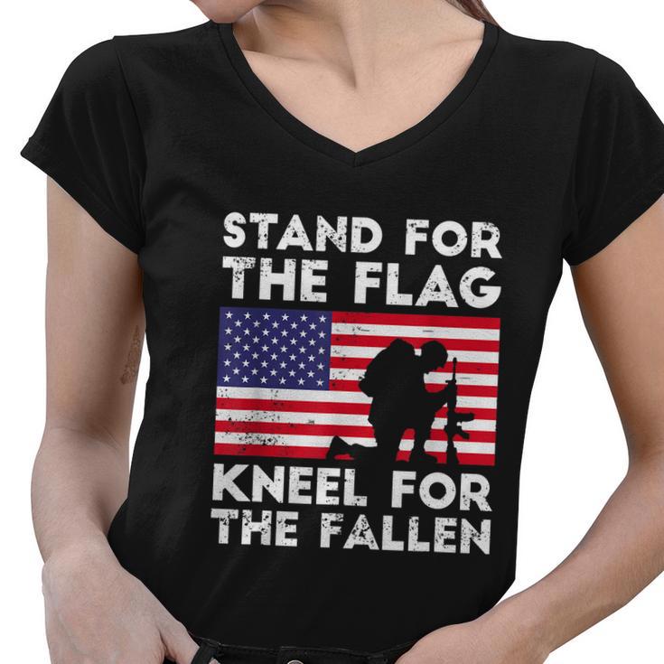 Memorial Day Patriotic Military Veteran American Flag Stand For The Flag Kneel For The Fallen Women V-Neck T-Shirt