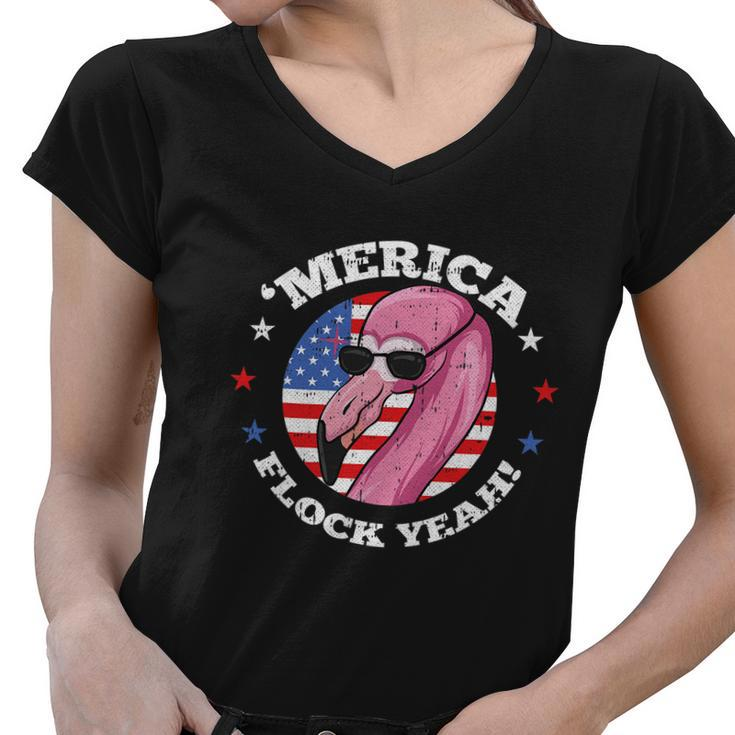 Merica 4Th Of July Flamingo Flock Patriotic American Flag Women V-Neck T-Shirt