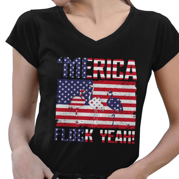 Merica Flamingo Usa Flag 4Th Of July Flock Yeah Graphic Plus Size Shirt Women V-Neck T-Shirt