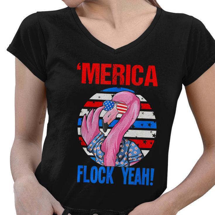 Merica Flock Yeah 4Th July Funny Patriotic Flamingo Women V-Neck T-Shirt