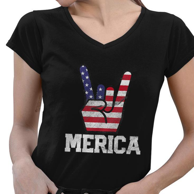 Merica Rock Sign 4Th Of July Vintage American Flag Women V-Neck T-Shirt
