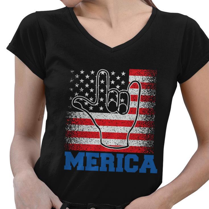 Merica Rock Sign 4Th Of July Vintage Plus Size Graphic Shirt For Men Women Famil Women V-Neck T-Shirt