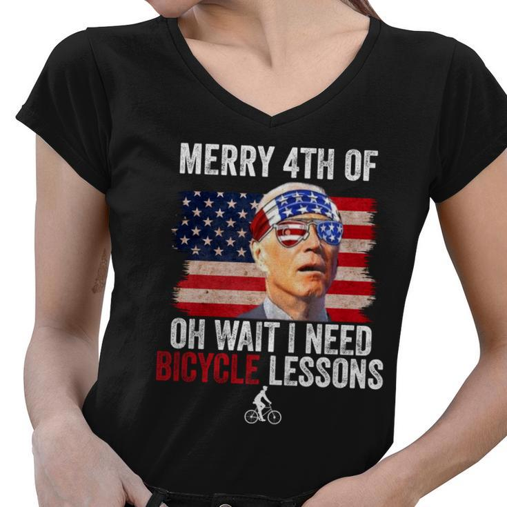 Merry 4Th Of July Biden Bike Bicycle Falls Off Funny Women V-Neck T-Shirt