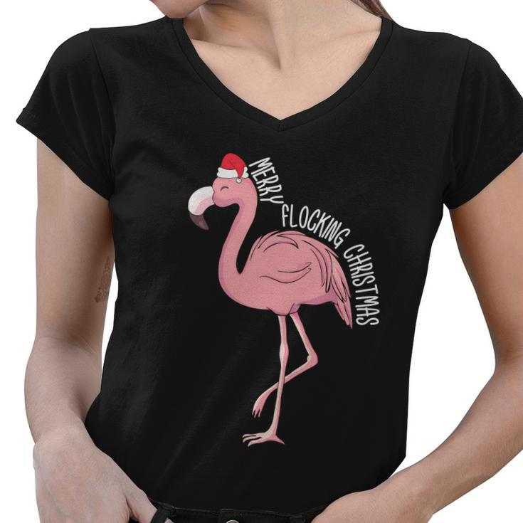 Merry Flocking Xmas Tropical Flamingo Christmas In July Women V-Neck T-Shirt