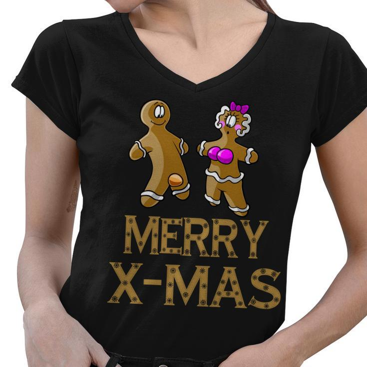 Merry X-Mas Funny Gingerbread Couple Tshirt Women V-Neck T-Shirt
