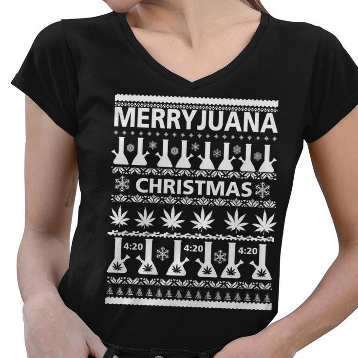 Merryjuana Weed Ugly Christmas Sweater Women V-Neck T-Shirt
