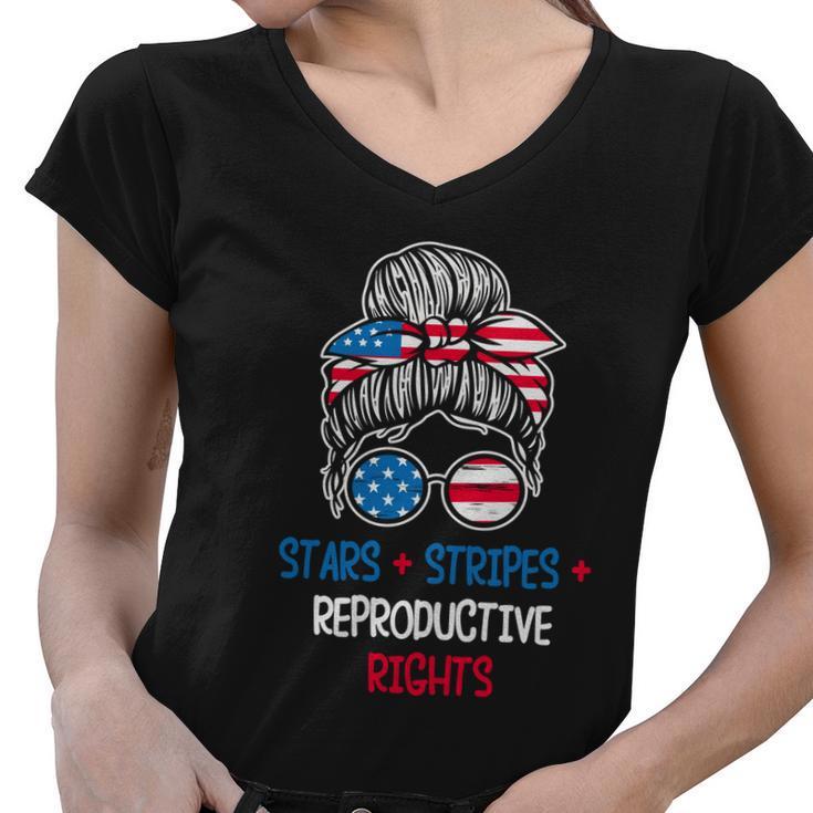Messy Bun American Flag Stars Stripes Reproductive Rights Gift V4 Women V-Neck T-Shirt
