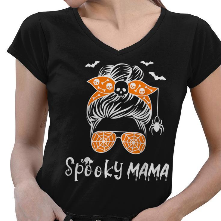 Messy Bun Spooky Mama Mom Funny Halloween Costume Skull  V2 Women V-Neck T-Shirt