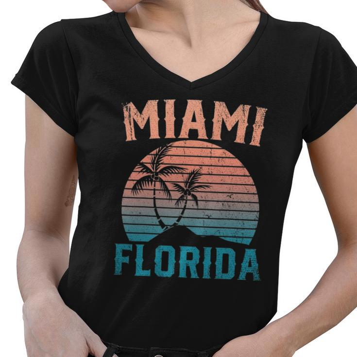Miami Beach Tropical Summer Vacation Retro Miami Florida Women V-Neck T-Shirt