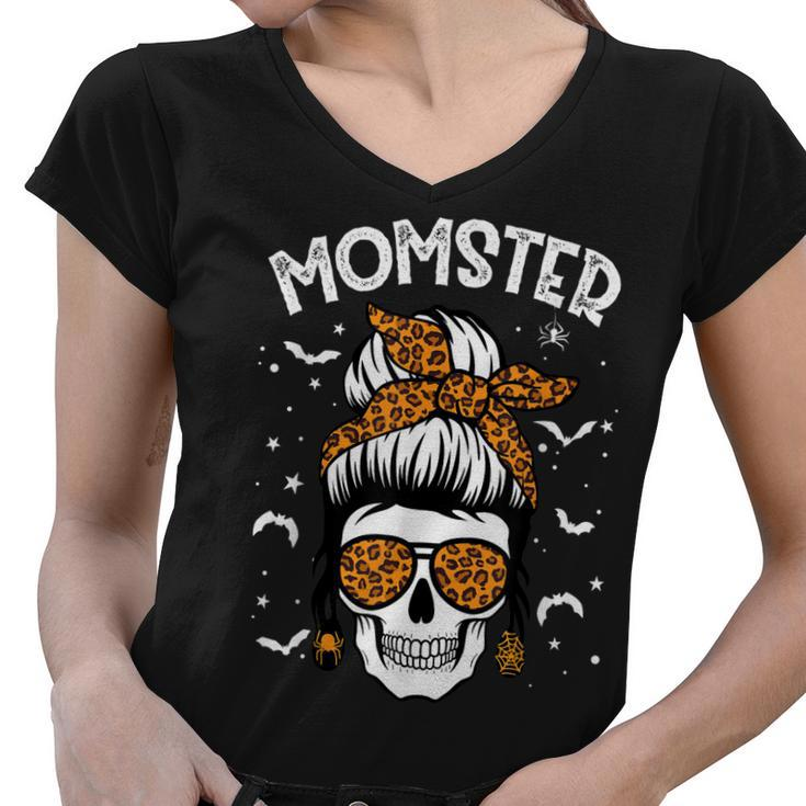 Momster Halloween Costume Skull Mom Messy Hair Bun Monster  Women V-Neck T-Shirt