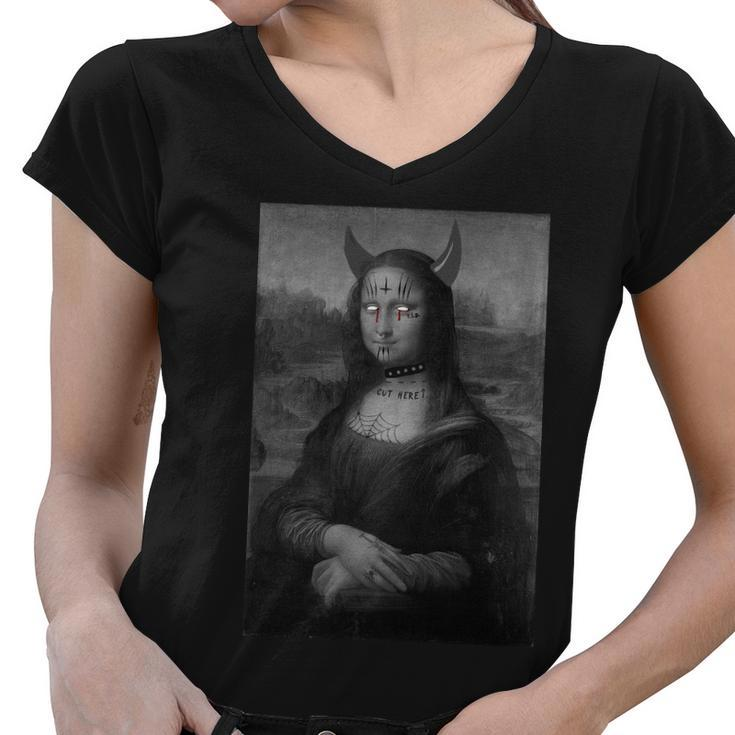 Mona Lisa Devil Painting Tshirt Women V-Neck T-Shirt