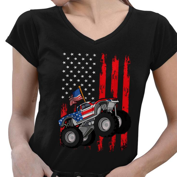 Monster Truck American Flag Racing Usa Patriotic Women V-Neck T-Shirt