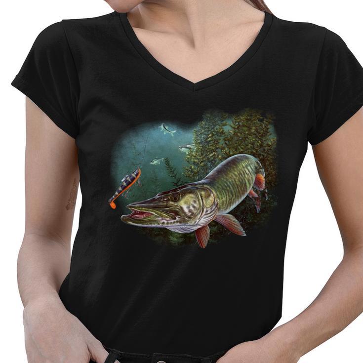 Musky Chase Fishing Women V-Neck T-Shirt