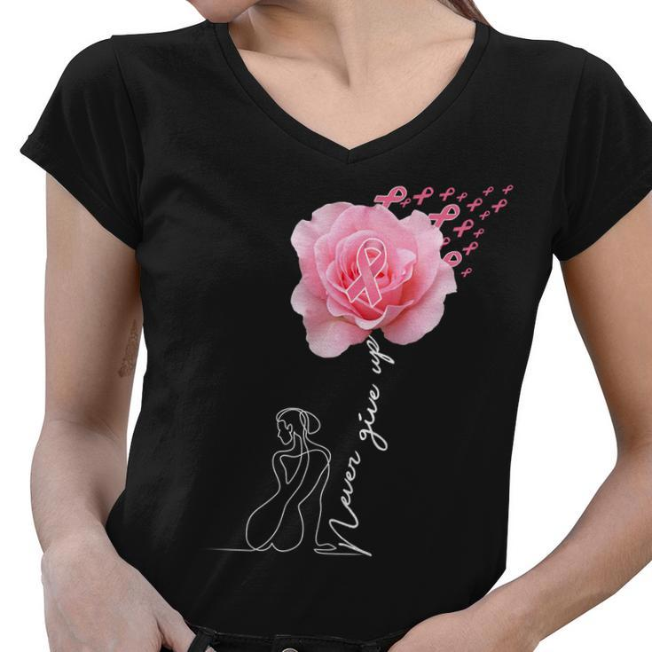 Never Give Up Breast Cancer Rose Tshirt Women V-Neck T-Shirt