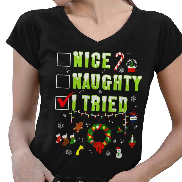 Nice Naughty I Tried Funny Christmas Checklist Women V-Neck T-Shirt