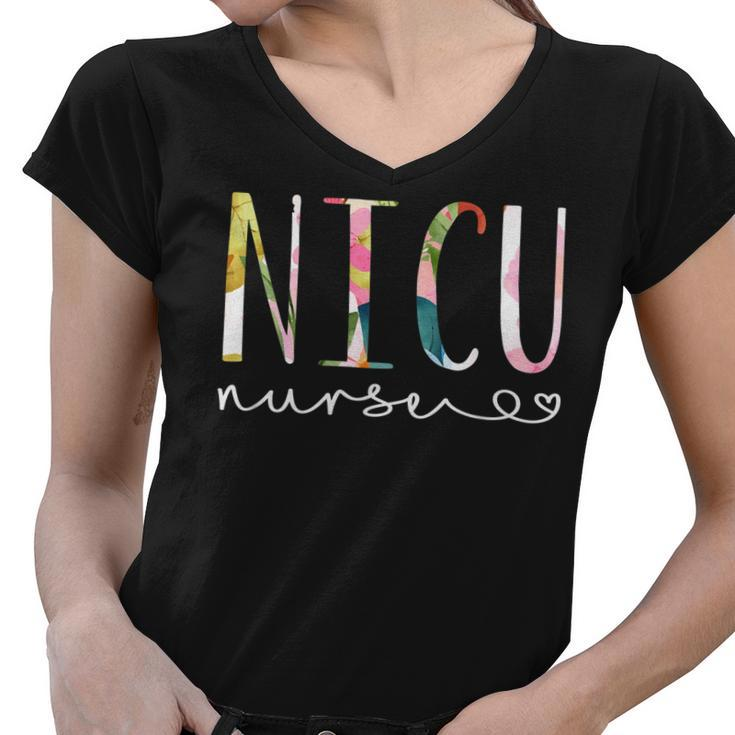 Nicu Nurse Icu Cute Floral Design Nicu Nursing  V2 Women V-Neck T-Shirt