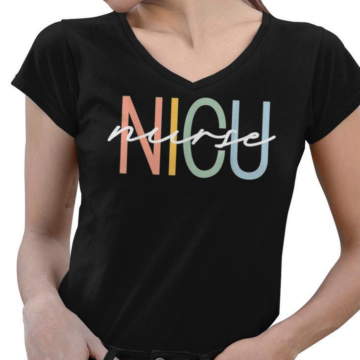 Nicu Nurse Icu Neonatal Boho Rainbow Team Tiny Humans Retro  V2 Women V-Neck T-Shirt