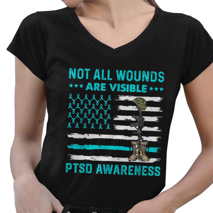 Not All Wounds Are Visible Ptsd Awareness Teal Ribbon Women V-Neck T-Shirt