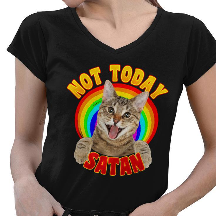 Not Today Satan Funny Cat Rainbow Women V-Neck T-Shirt
