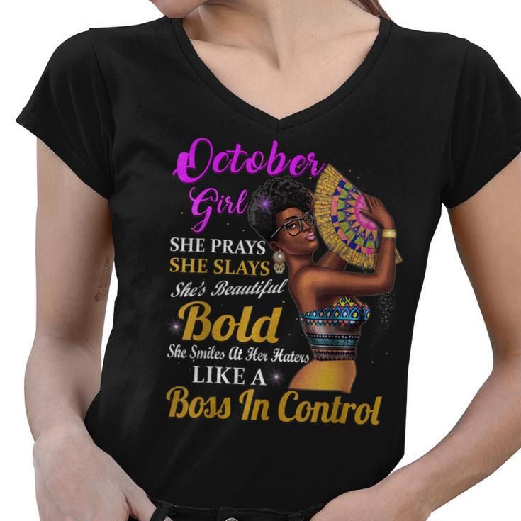 October Girl Libra Birthday Gift Melanin Afro Queen Womens  Women V-Neck T-Shirt