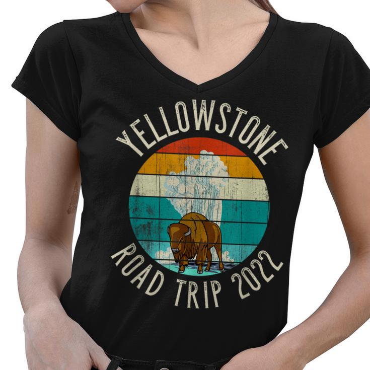 Old Faithful Geyser Bison Yellowstone Road Trip 2022  Women V-Neck T-Shirt