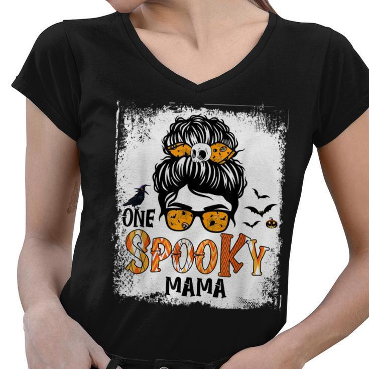 One Spooky Mama For Halloween Messy Bun Mom Monster Bleached  V5 Women V-Neck T-Shirt