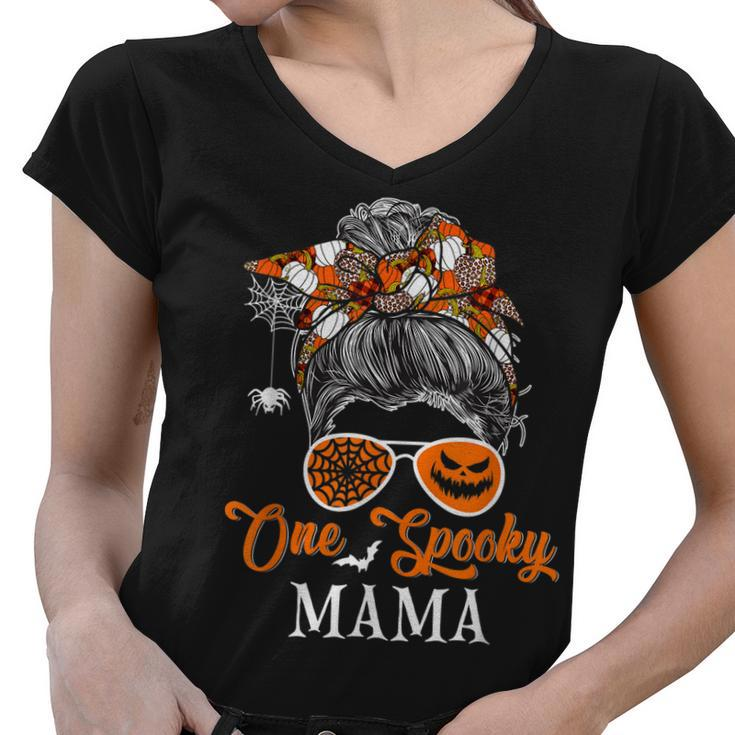 One Spooky Mama Halloween Woman Messy Bun Hair Sunglasses  Women V-Neck T-Shirt