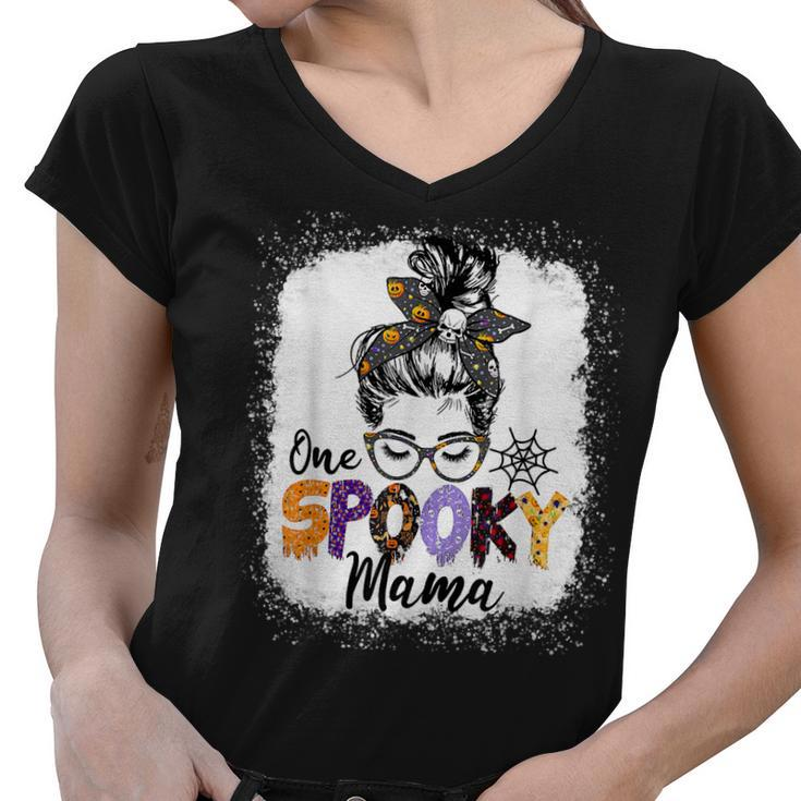 One Spooky Mama Messy Bun Skull Halloween Funny Mom Life  Women V-Neck T-Shirt
