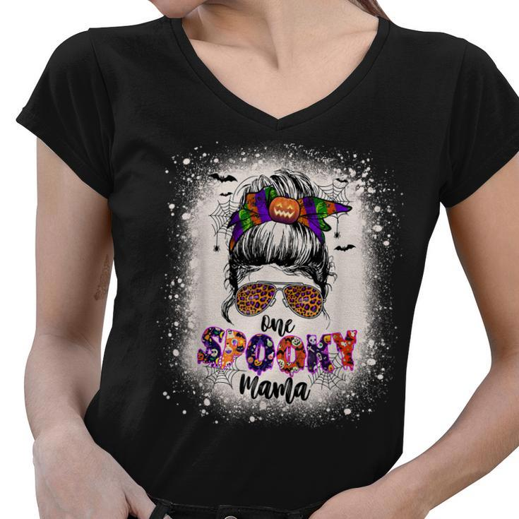 One Spooky Mama Mommy Halloween Mom Life Messy Bun Bleached  Women V-Neck T-Shirt